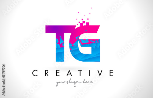TG T G Letter Logo with Shattered Broken Blue Pink Texture Design Vector.
