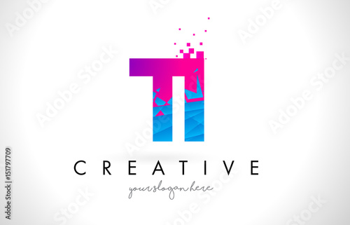 TI T I Letter Logo with Shattered Broken Blue Pink Texture Design Vector.