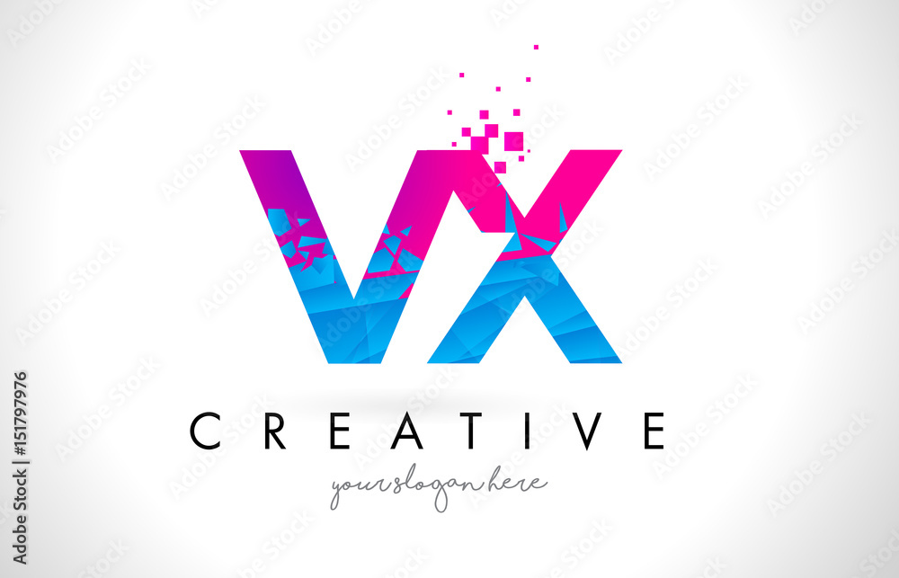 VX V X Letter Logo with Shattered Broken Blue Pink Texture Design Vector. VX V X Letter Logo with Shattered Broken Blue Pink Texture Design Vector.