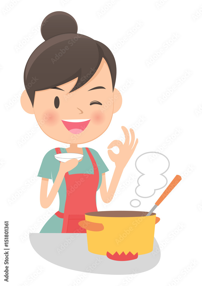 主婦　鍋料理の味見　OKサイン