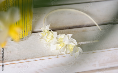 daffodils with butterflies, spring background of flowers. photo