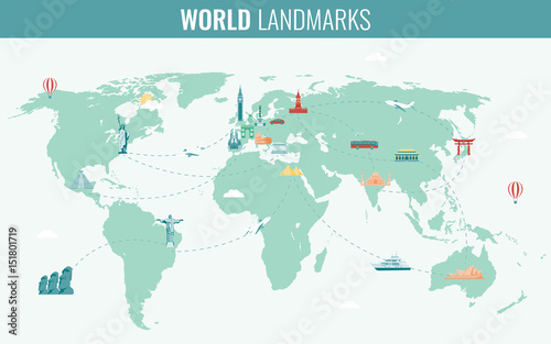 Travel and Tourism. Infographic set with world map and landmarks. Vector