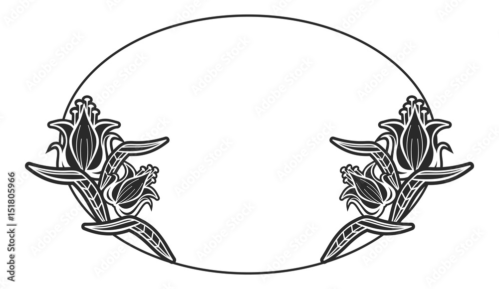 Fototapeta premium Black and white oval label with flowers.