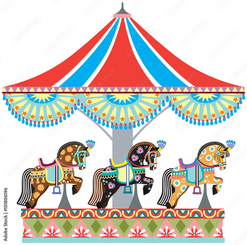 Obraz premium cartoon circus roundabout carousel with decorated horses. Vector illustration isolated on white