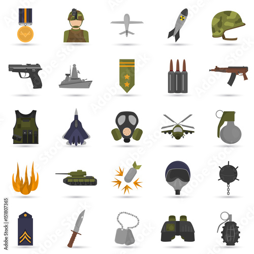 Set of military color flat icons for web and mobile design