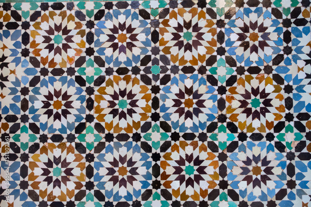 Moroccan typical mosaic ceramic tiles ornament, Marrakech, Morocco
