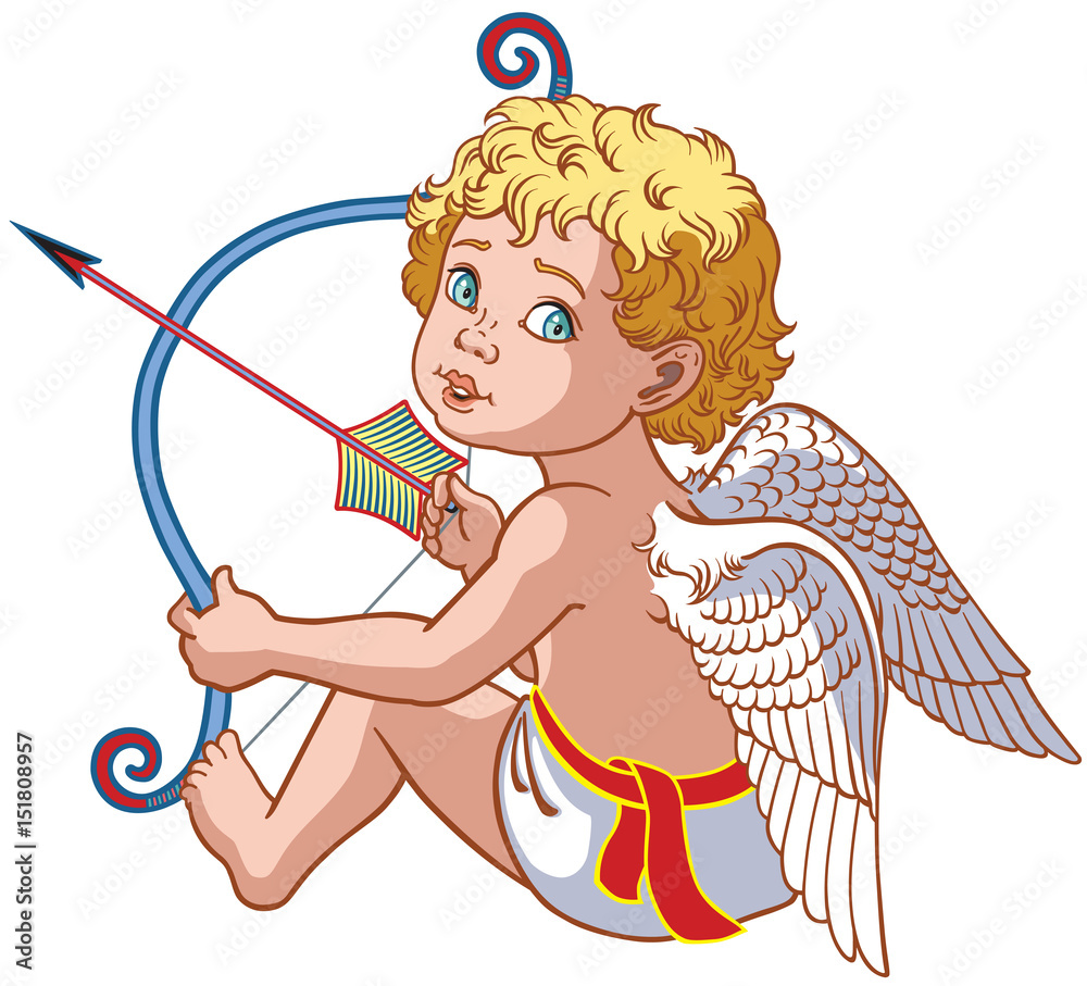 cartoon little angel cupid sitting and holding a bow with arrow . Vector  isolated on white Stock Vector | Adobe Stock