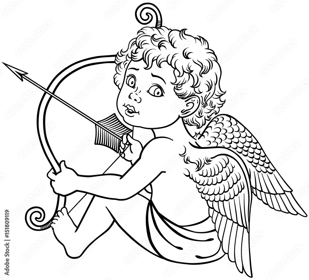 cartoon little angel cupid sitting and holding a bow with arrow. Black and white outline vector Stock Vector | Adobe Stock cartoon little angel cupid sitting and holding a bow with arrow. Black and white outline vector Stock Vector | Adobe Stock