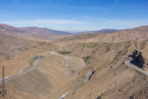High Atlas mountains landscape with curly road to Col du Tichka pass  Morocco