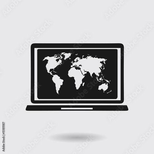 Laptop and world map illustration. World map geography symbol. Flat design style. 