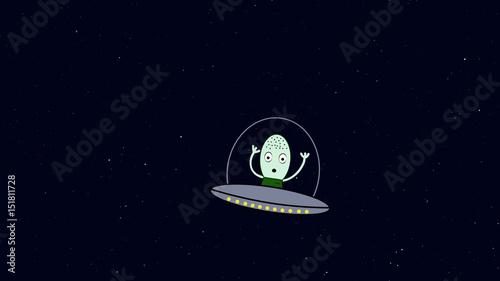 Alien flying in space ship. Retro cartoon style with flat design. Travel and adventure in cosmos.