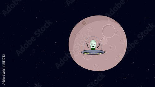 Alien flying in space ship. Retro cartoon style with flat design. Travel and adventure in cosmos.