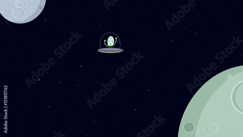 Alien flying in space ship. Retro cartoon style with flat design. Travel and adventure in cosmos.