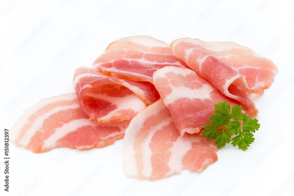 Bacon isolated on white background. Delikatese food. Bacon isolated on white background. Delikatese food.