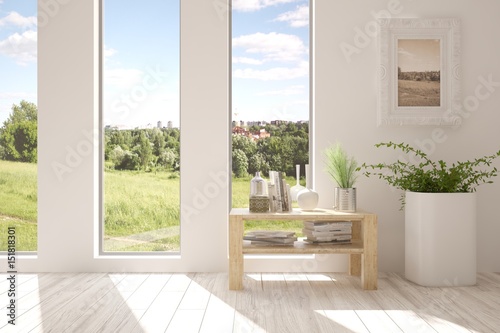 White empty room with green landscape in window. Scandinavian interior design. 3D illustration © AntonSh