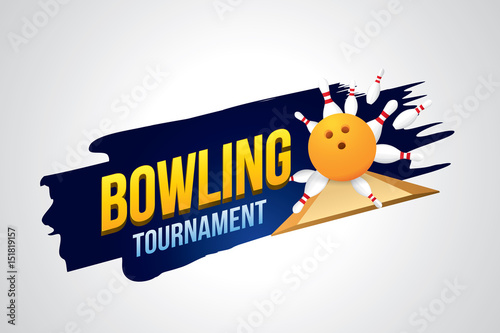 Vector of bowling tournament badge design with bowling ball and skittles.
