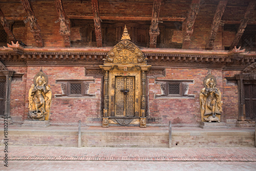 Architectural detail of ancient Patan royal court following earth quake. Kathmandu, Nepal.