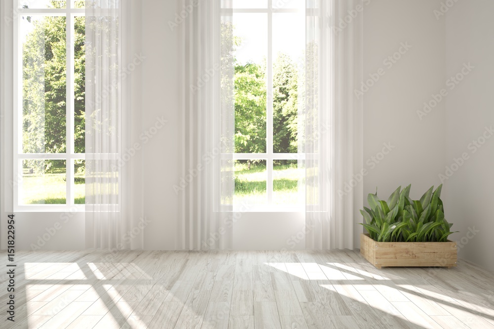 © AntonSh - White empty room with green landscape in window. Scandinavian interior design. 3D illustration © AntonSh - White empty room with green landscape in window. Scandinavian interior design. 3D illustration
