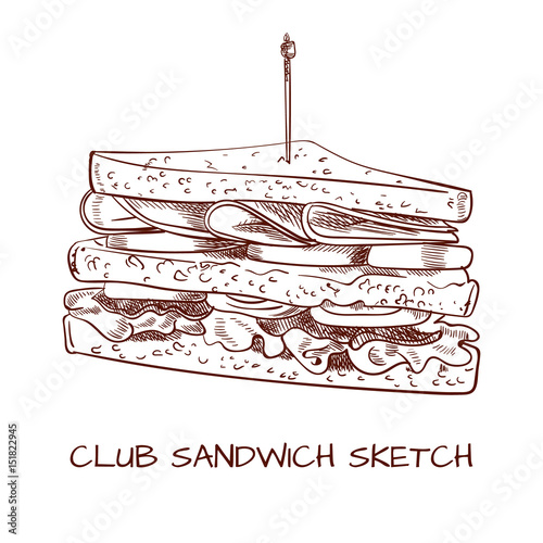 Club sandwich outline drawing. VECTOR sketch. Black lines