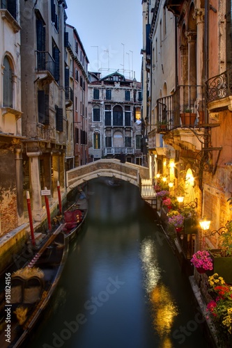 Evening on a Venice Canal with docked Gondolas © Jason Yoder