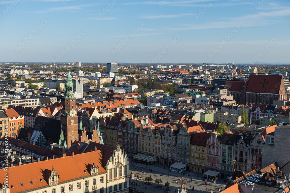 Aerial view of Wroclaw City Hall and colorful hanseatic houses, Poland
