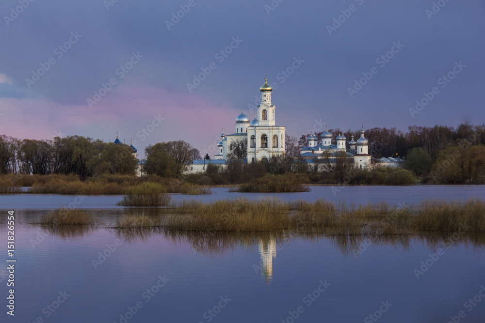 Beautiful view at sunset with churches. Monastery in Veliky Novgorod