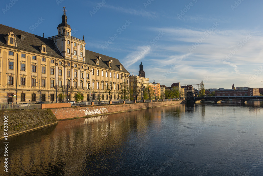 Scenic view of Wroclaw University from Odra River at sunset, Poland