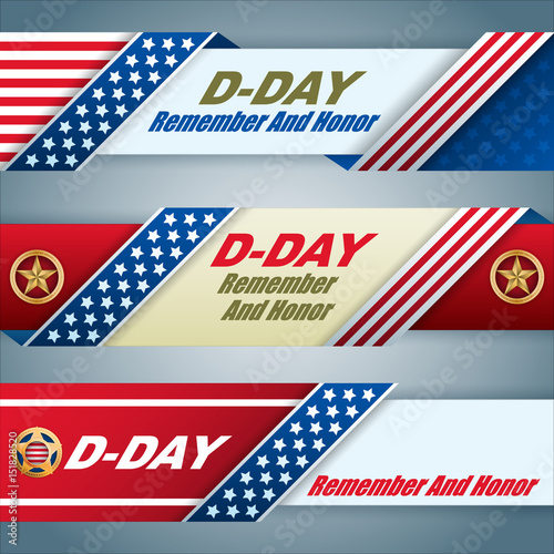 Set of web banners design, background with texts and American flag, for D-Day event, celebration