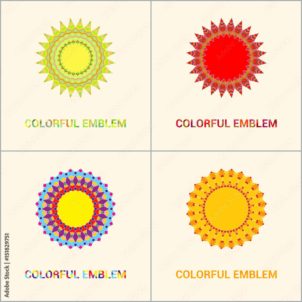 Floral emblems, round decorative ornaments, bright colorful mandala patterns set, eastern, islamic, muslim, indian circular symbols collection.