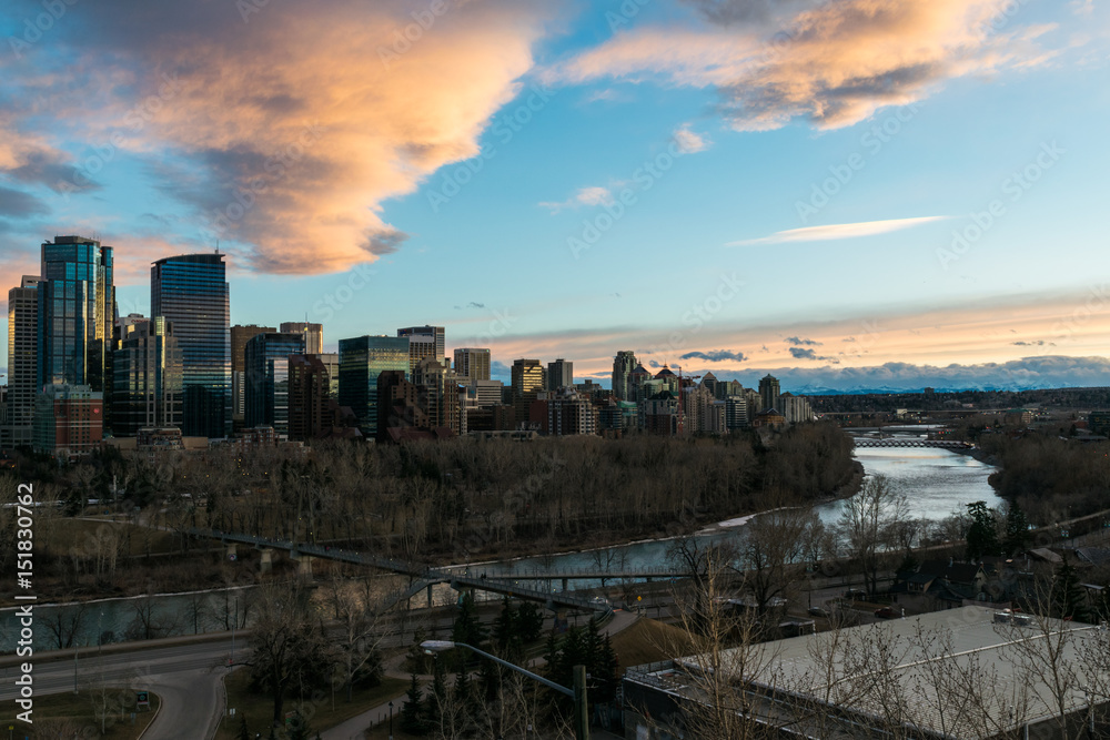 Calgary downtown Sunset with bow river