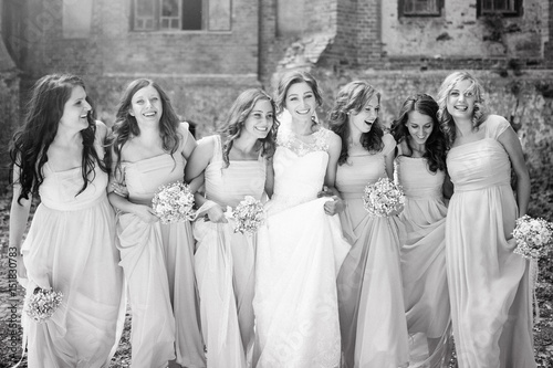 Beautiful bride with her pretty bridesmaids photo