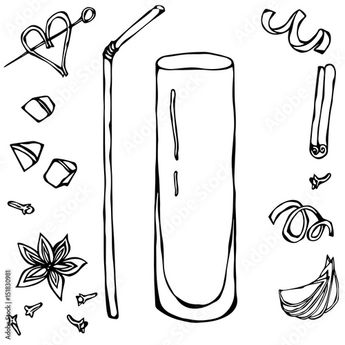 Collins Coctail Glass. Hand Drawn Vector Illustraition.