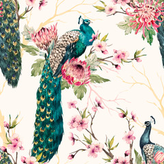 Acrylglasbilder Pfauenmuster Pfau Aquarellmuster in eleganten Farben  © Zenina-Lembrik