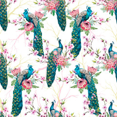 Acrylglasbilder Pfauenmuster Pfau Aquarellmuster mit floralen Akzenten  © Zenina-Lembrik