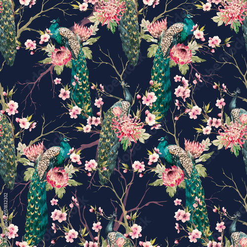 Watercolor peacock vector pattern