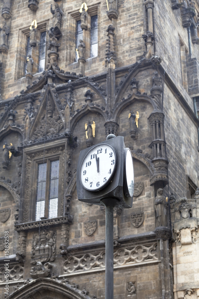 Old Town Charles Bridge tower, street clock, Pague, Czech Republic