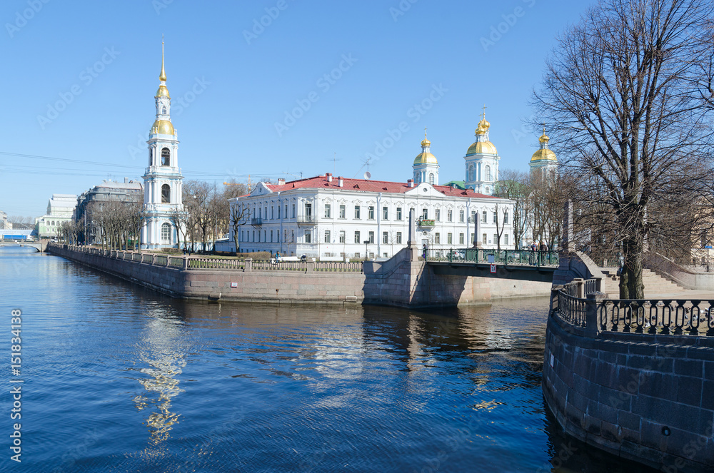 View of St. Nicholas the Epiphany Cathedral on Kryukov Canal Embankment in St. Petersburg, Russia
