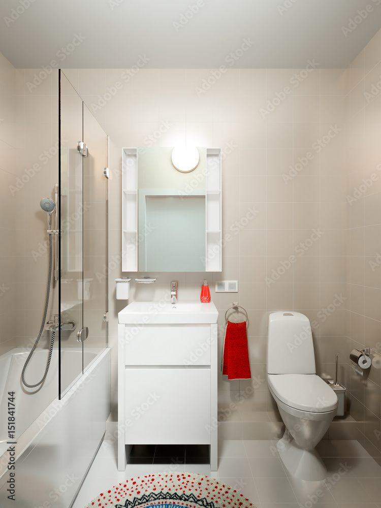 goud Doelwit Automatisering Modern Urban Contemporary Bathroom WC Interior Design with White and Beige  Tiles. 3d rendering Stock Illustration | Adobe Stock