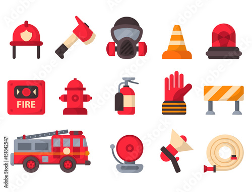Fire safety equipment emergency tools firefighter safe danger accident protection vector illustration.