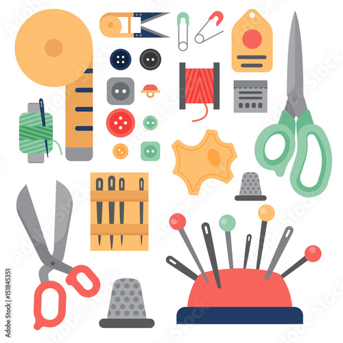 Thread supplies accessories sewing equipment tailoring fashion pin craft needlework vector illustration.
