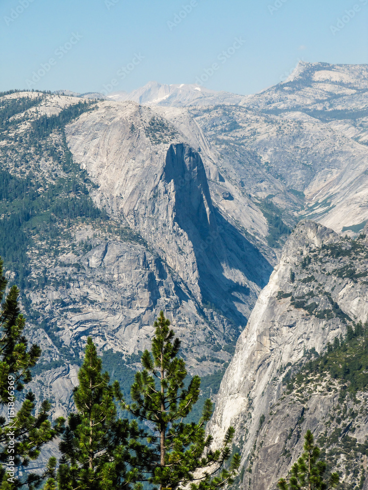 Aerial view of landscape during summer in Yosemite National Park with many pine trees and El Capitan half dome mountain