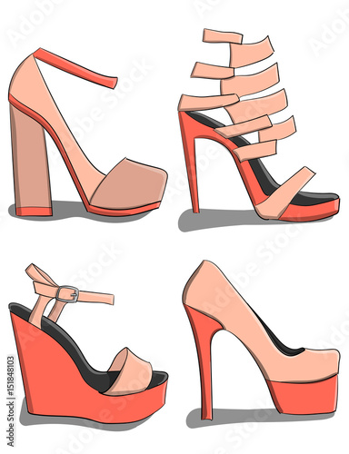 A set of summer female shoes with high heels in pink colors on a white background eps 10 illustration