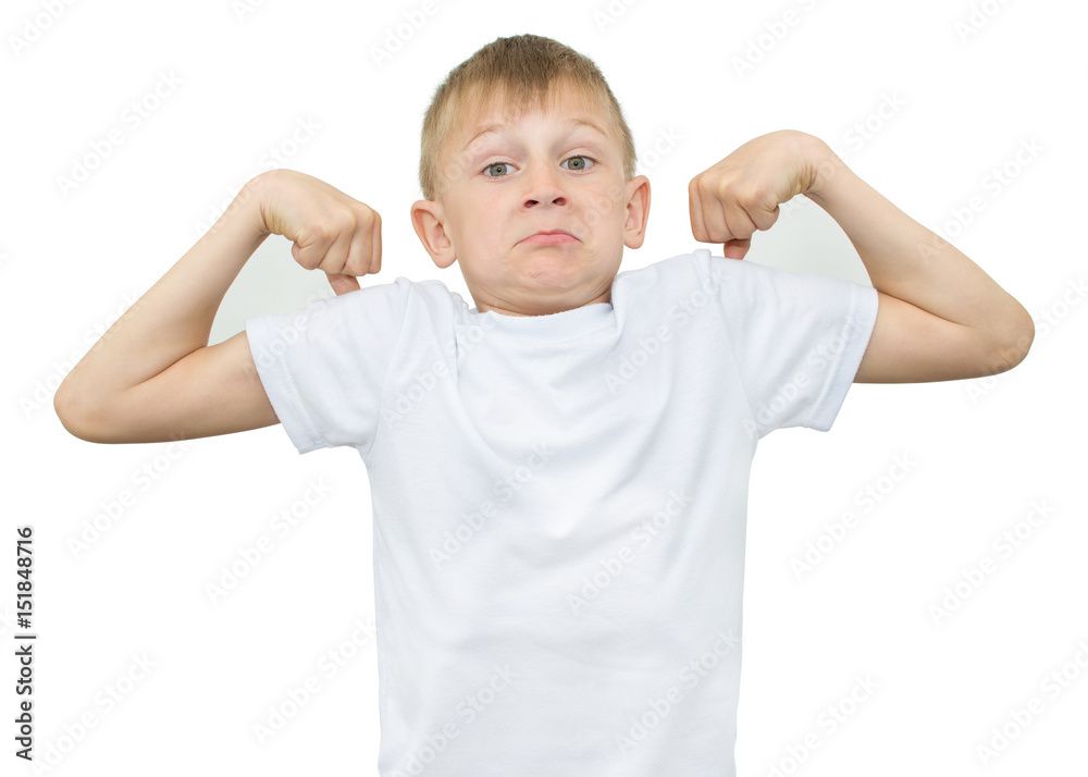 Emotional blond boy in a white shirt with a gray sheet of paper for notes on a white background Emotional blond boy in a white shirt with a gray sheet of paper for notes on a white background