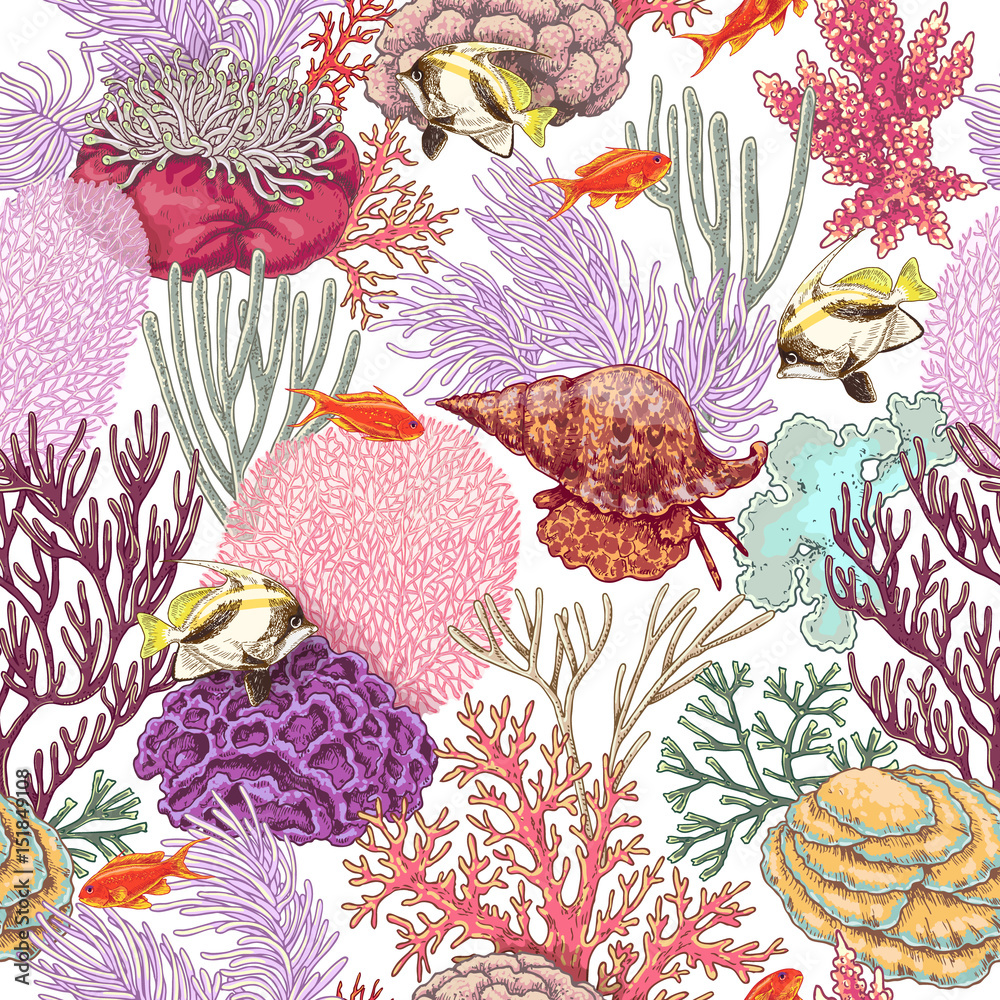 Naklejka premium Coral Reef and Fishes Pattern