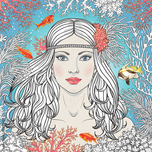 Mermaid Girl  among Corals  and Fishes