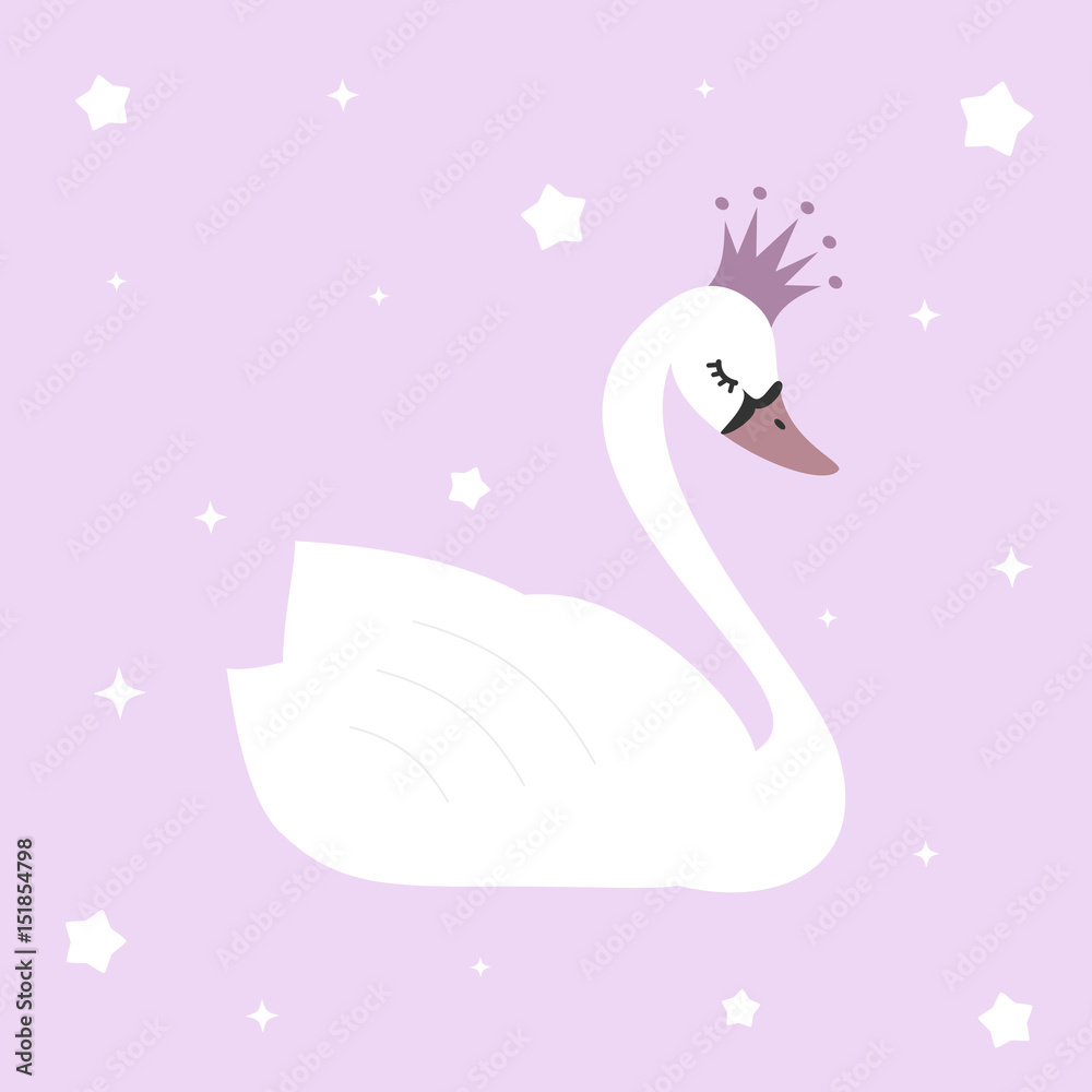 Naklejka premium cute lovely princess swan on violet background vector illustration