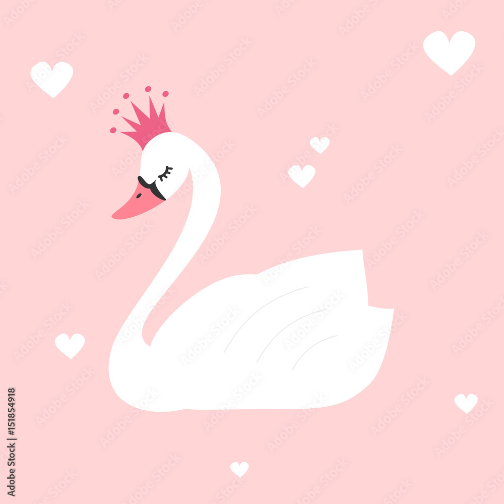 Obraz premium cute lovely princess swan on pink background vector illustration