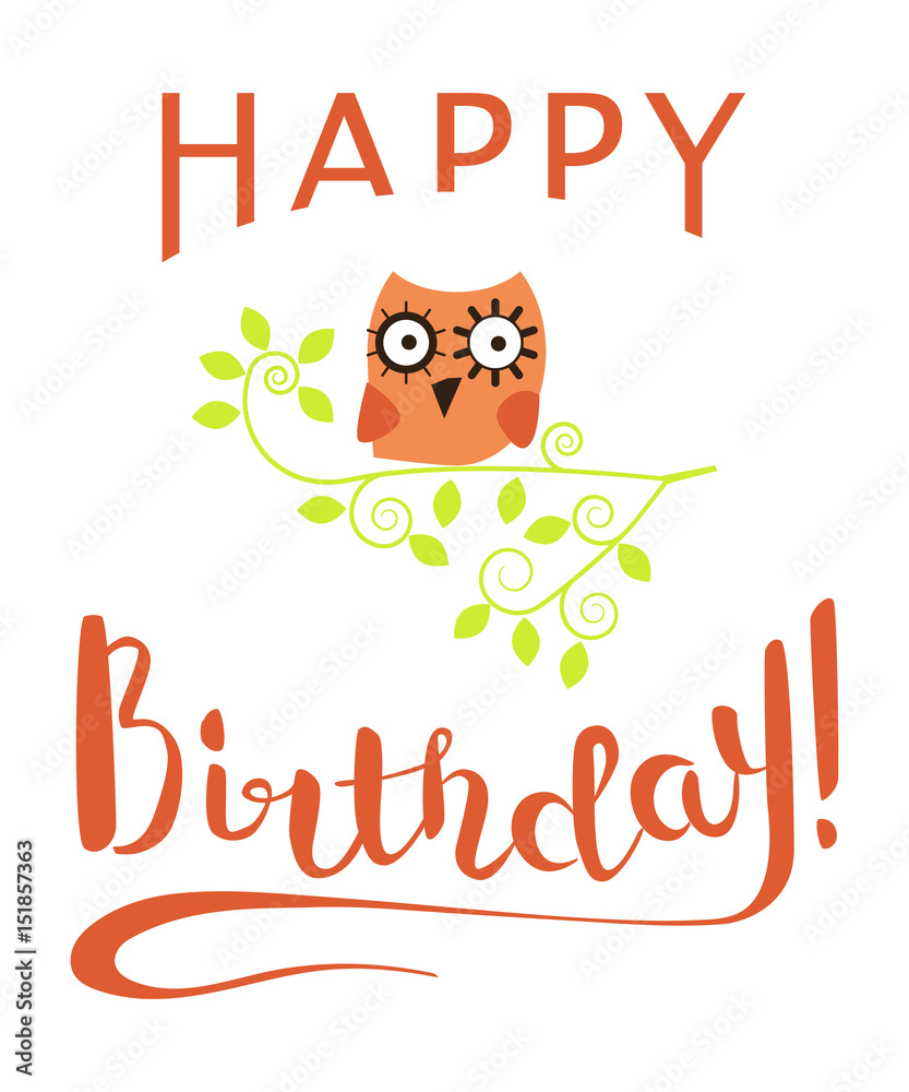 Happy Birthday Greeting Card with owl on a branch. Vector Illustration eps 10