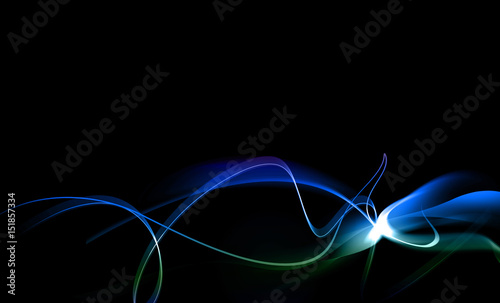 Abstract wavy and curl blue and green lines on black background