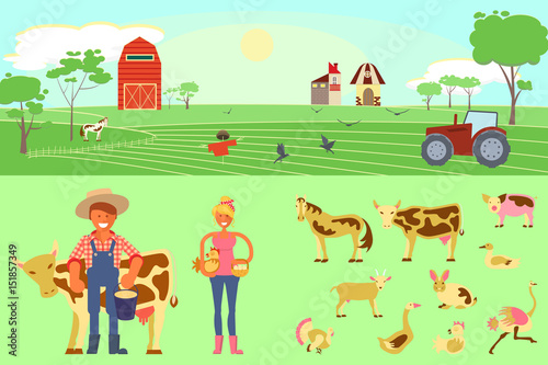 Farming infographic elements with field,cattle farm, tractor, livestock and poultryfarm. Farmer man and woman. Modern flat design. eps10 vector illustration.